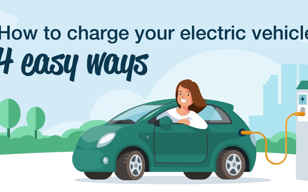Woman in a small green electric car, charging it at a charging point. Text reads 'How to charge your electric vehicle: 4 easy ways'