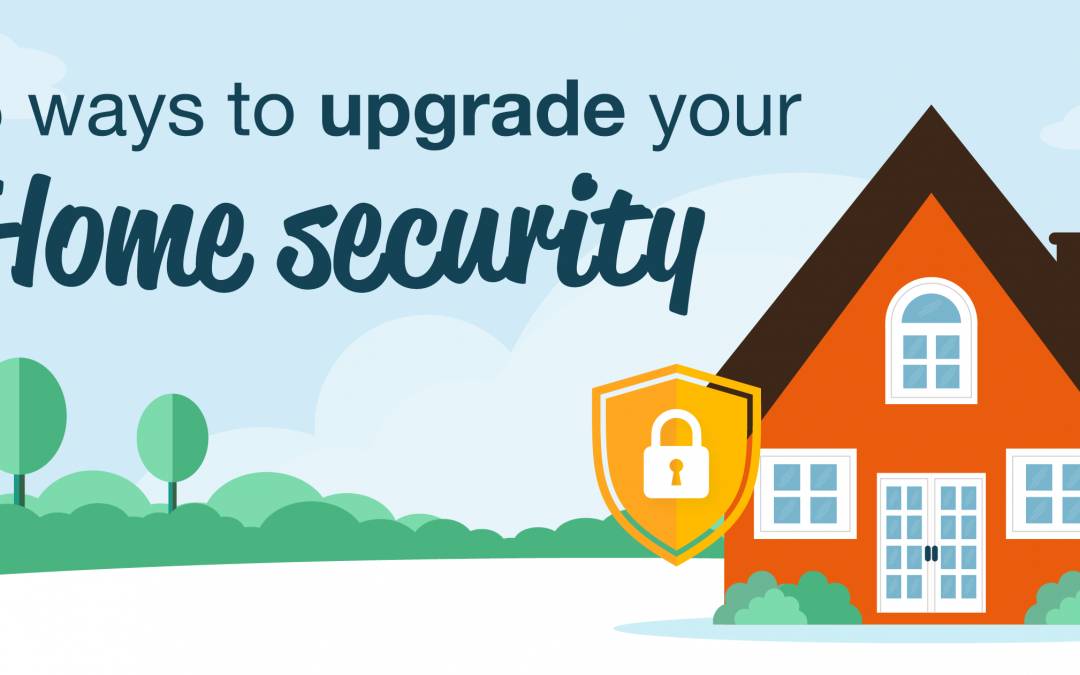 Orange house on a blue background with a lock logo. The text reads '5 ways to upgrade your home security'