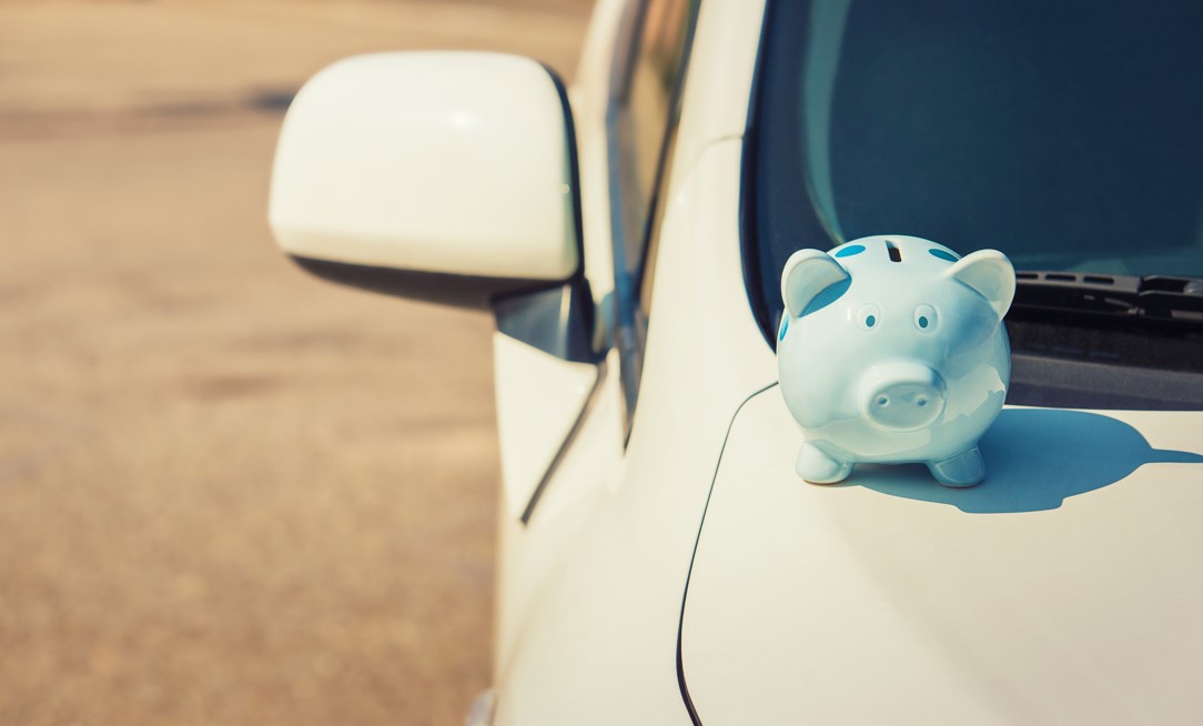 Pale blue Piggy bank on the bonnet of a white car