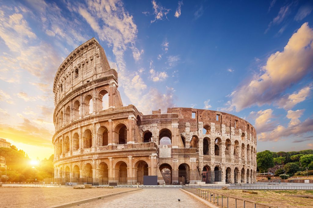 Coliseum in Rome, Italy. Blue sky. Sunset.