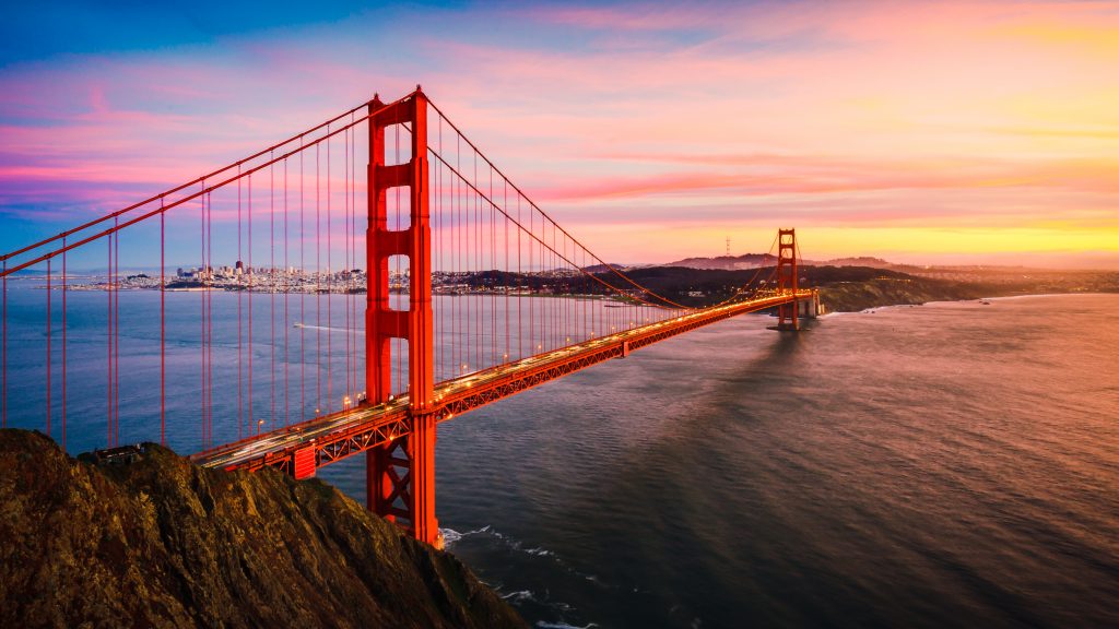 The Red Golden Gate Bridge at Sunset, San Francisco , CA