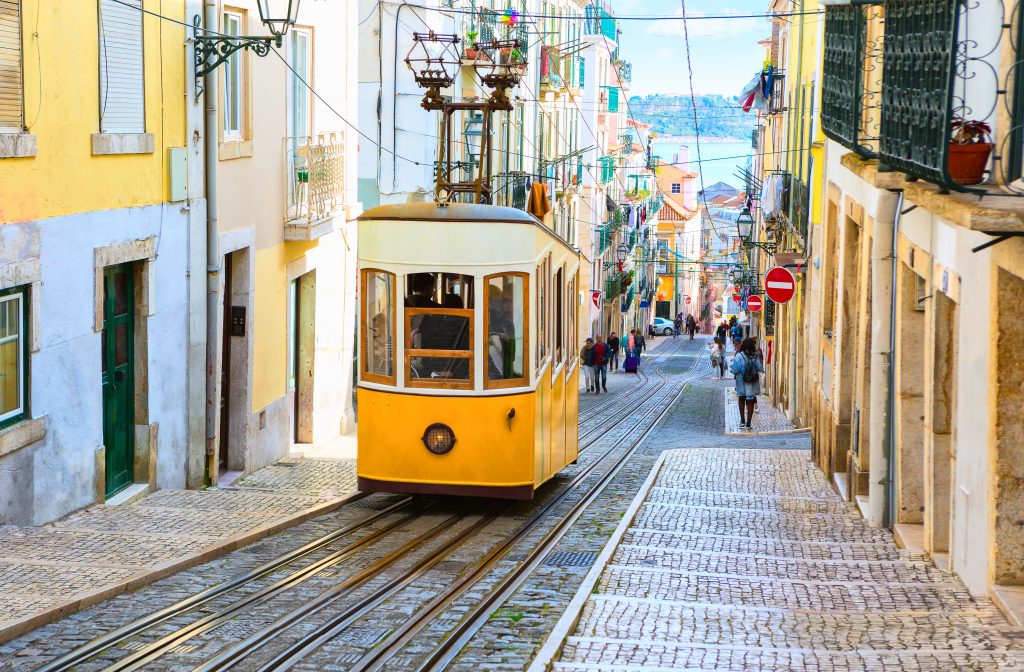 A view of the incline and Bica yellow tram, Lisbon, Portugal