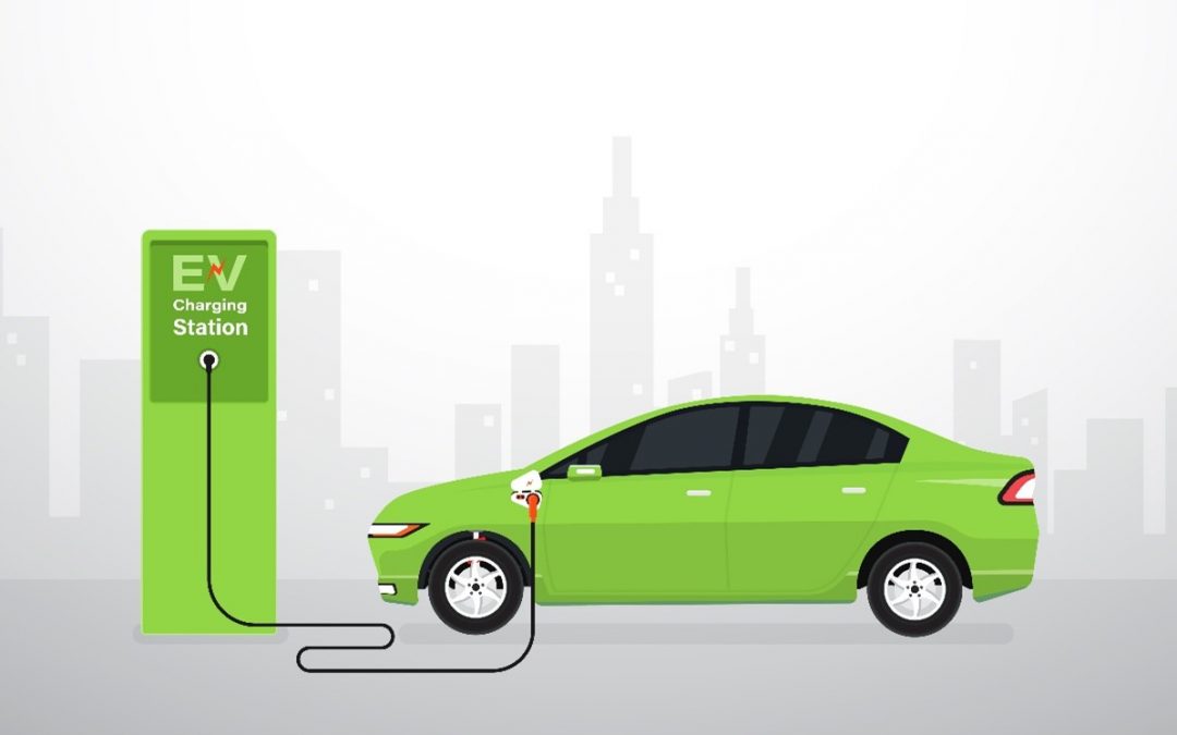 A graphic of a green EV charger parked into a green EV charging point on a grey skyline background