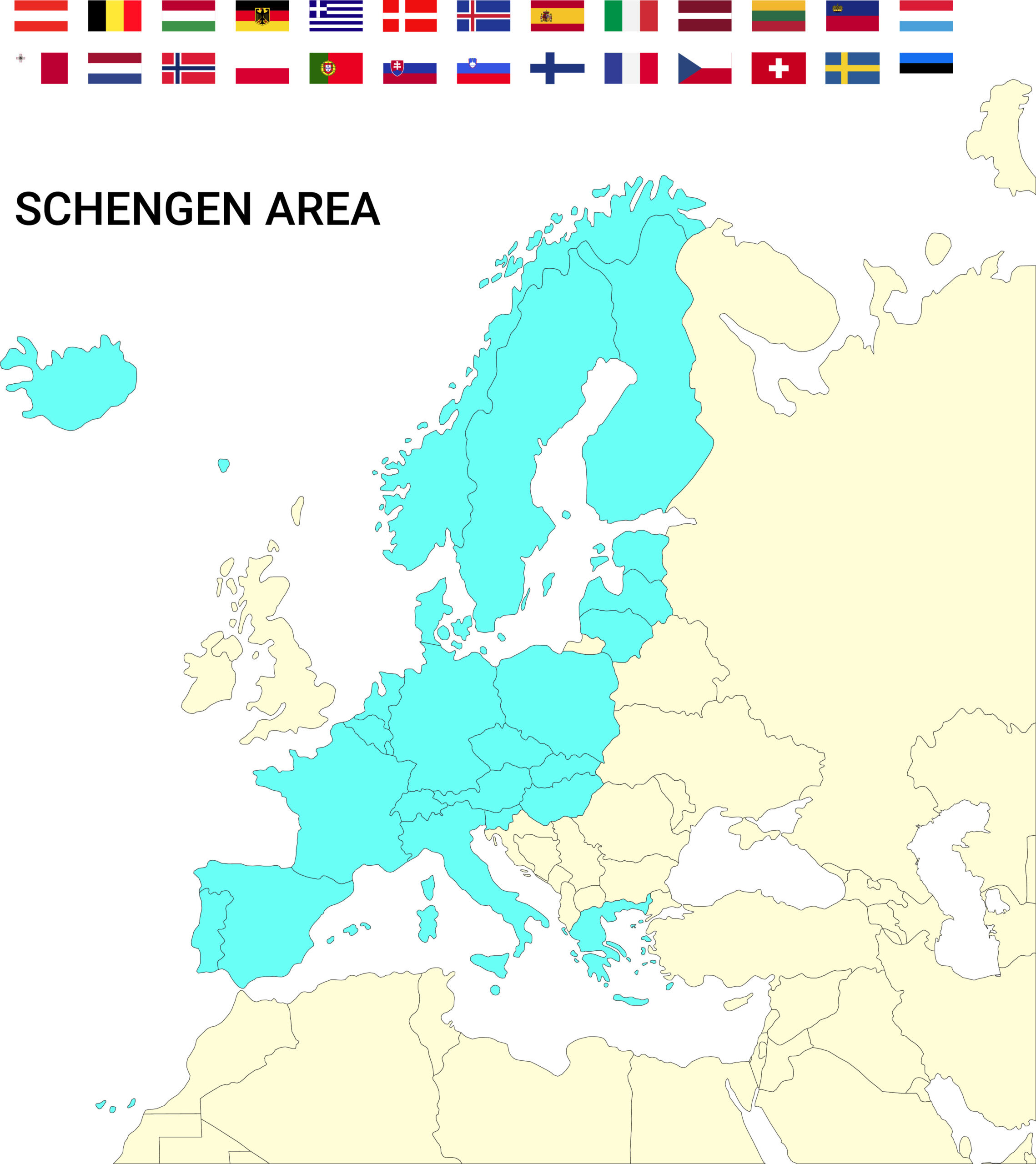 Map of Europe with the Schengen Area countries and flags