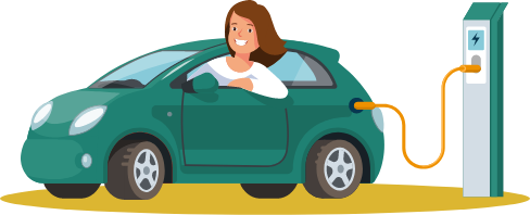 Electric_Vehicle_Banner Illustration of an electric car plugged into a charging station