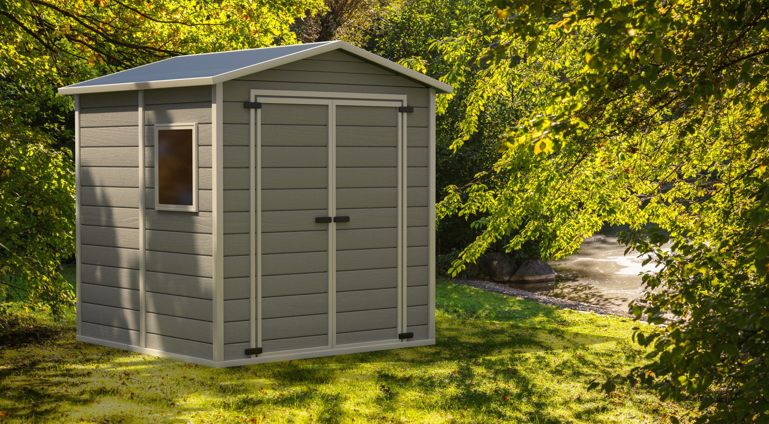 Garden shed on nature green background. Gray color gardening tools storage shed in the house backyard. 3d illustration