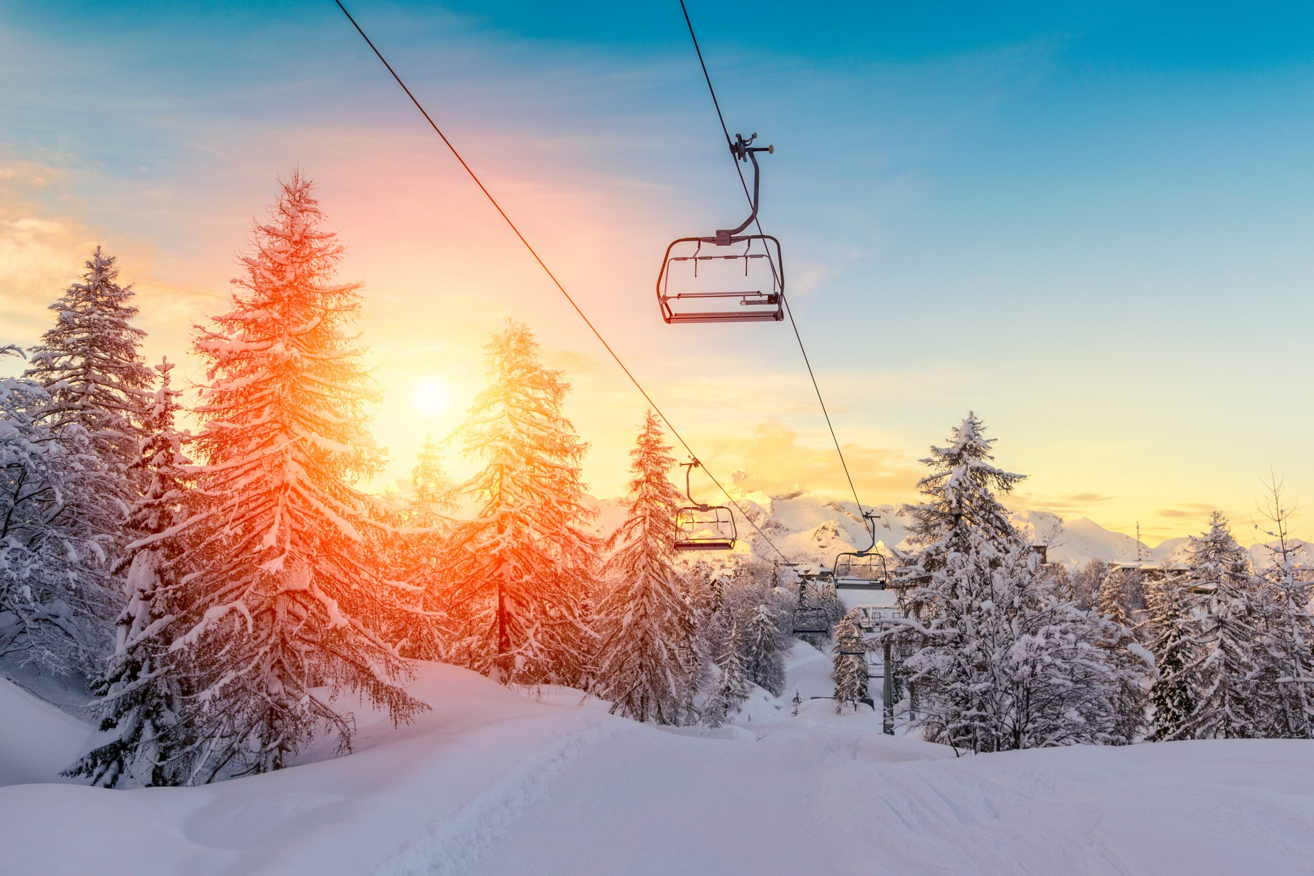 Sunset in winter landscape in mountains Julian Alps