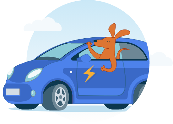 An illustration of a kangaroo driving a blue with a yellow lightening volt on the door