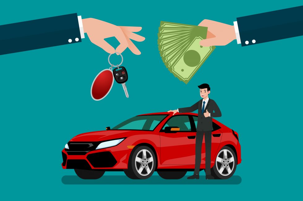 Blue background with graphic of red car and a male in a suit standing next to the vehicle. Two arms above the car one holding a key and one holding cash