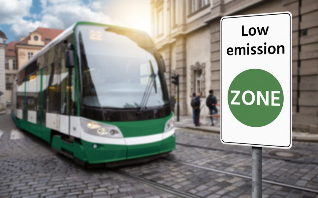 Low Emission zone sign in front of green tram