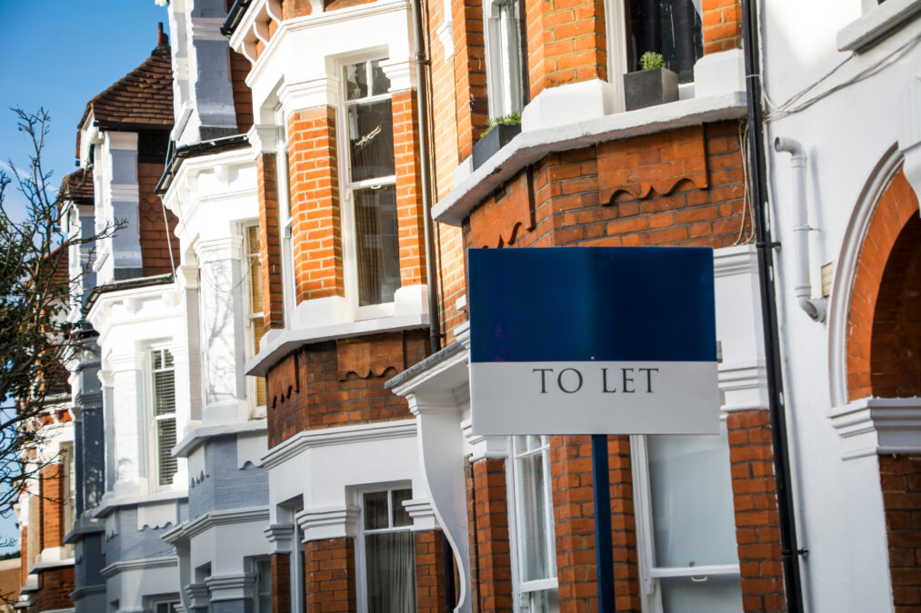A blue and white "to let" sign next to a row of houses