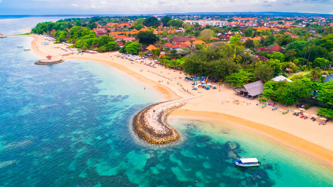 Aerial view of Sanur beach, Bali, Indonesia.