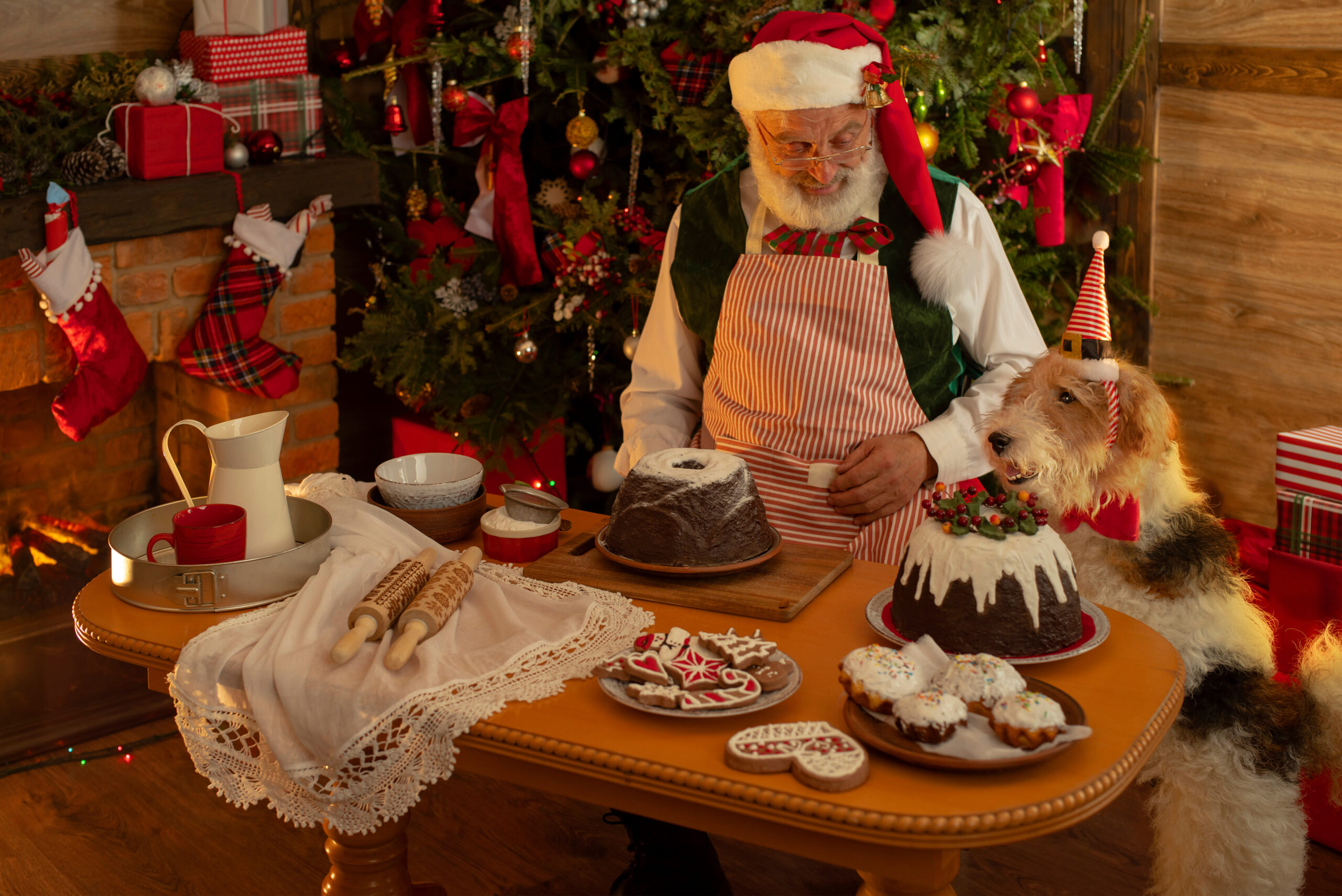 Santa Claus with real white beard indoors Log Cabin. Grandpa cooking treat, gingerbread, pudding for Christmas Eve Party. Senior model with real beard cosplay Father Christmas playing with dog fox terrier