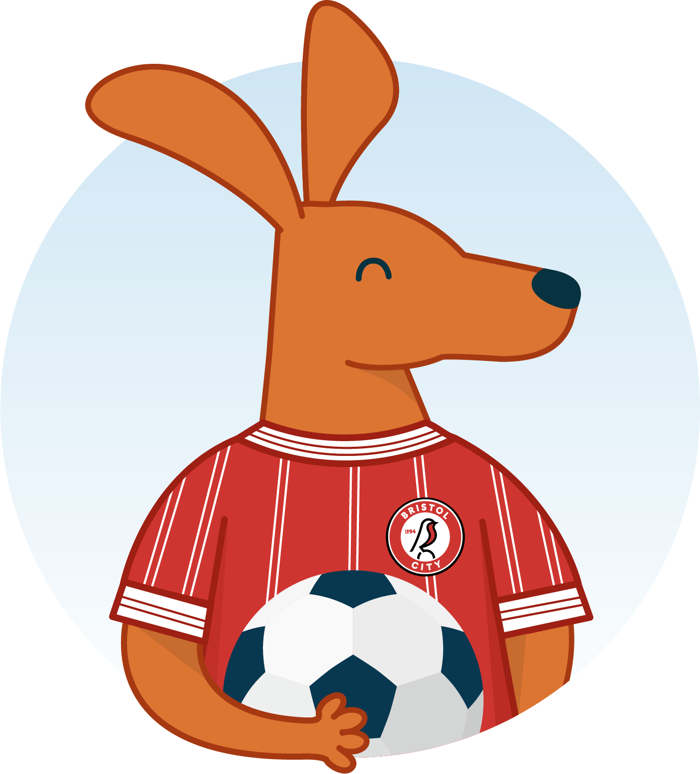 Skippy in a red a white shirt with the Bristol City logo holding a football