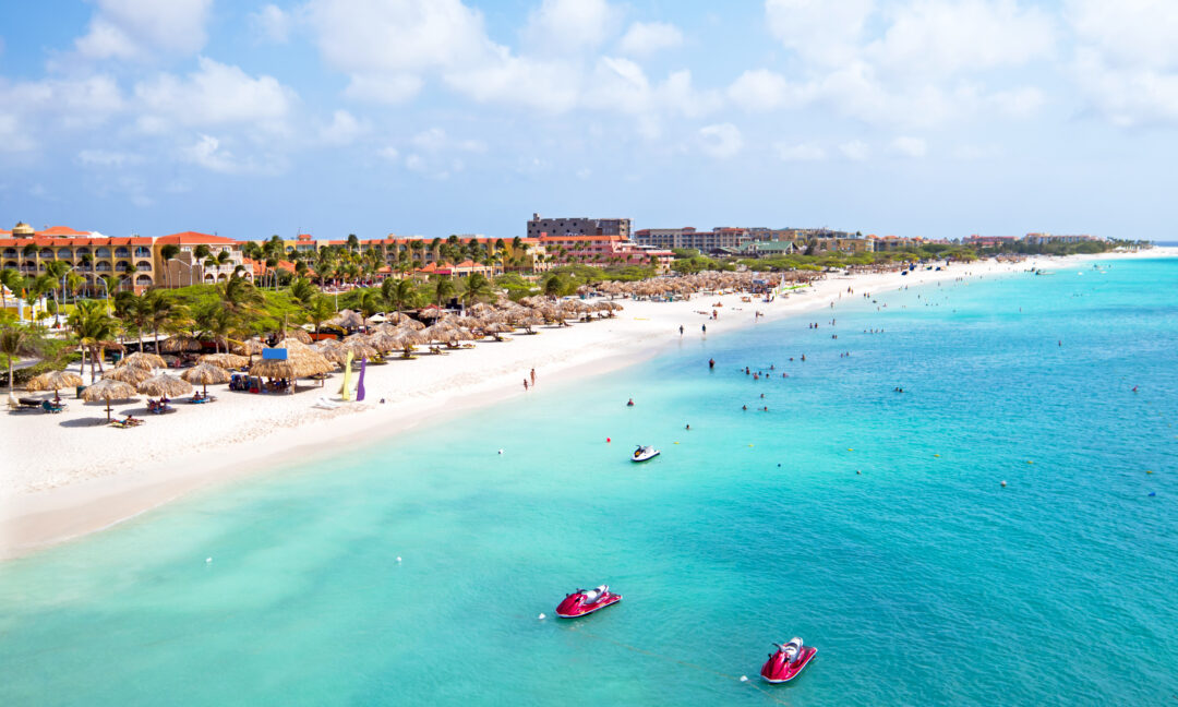 Aerial from Eagle beach on Aruba in the Caribbean. Crystal blue waters and white sand