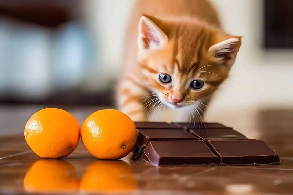 Kitten looking at chocolate and 2 oranges