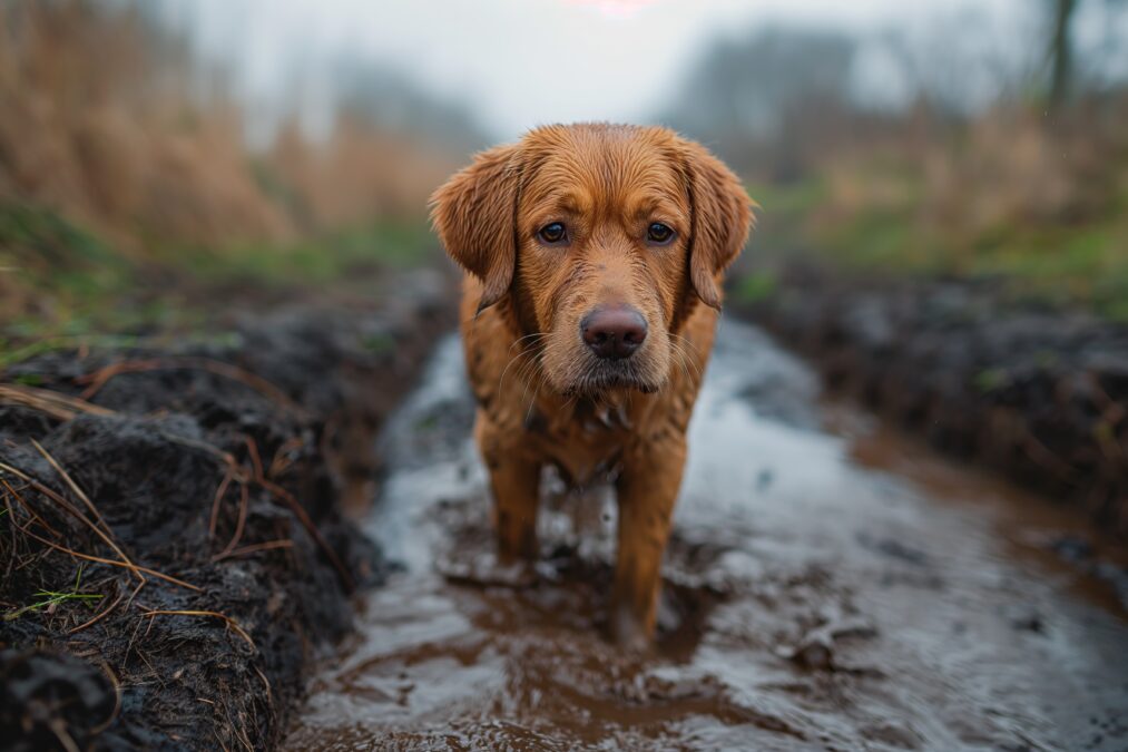 A brown dog standing on top of a muddy road, looking towards the camera.