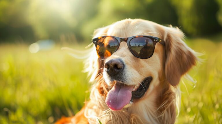 Golden Retriever dog in field of grass wearing tun glasses on sunny day