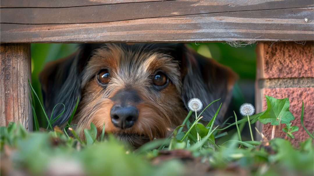 a wire-haired dachshund with dark, wiry fur and a green collar, happy, digging through a hole in the bottom of a wooden fence red or beige brick wall, his face is covered with mud