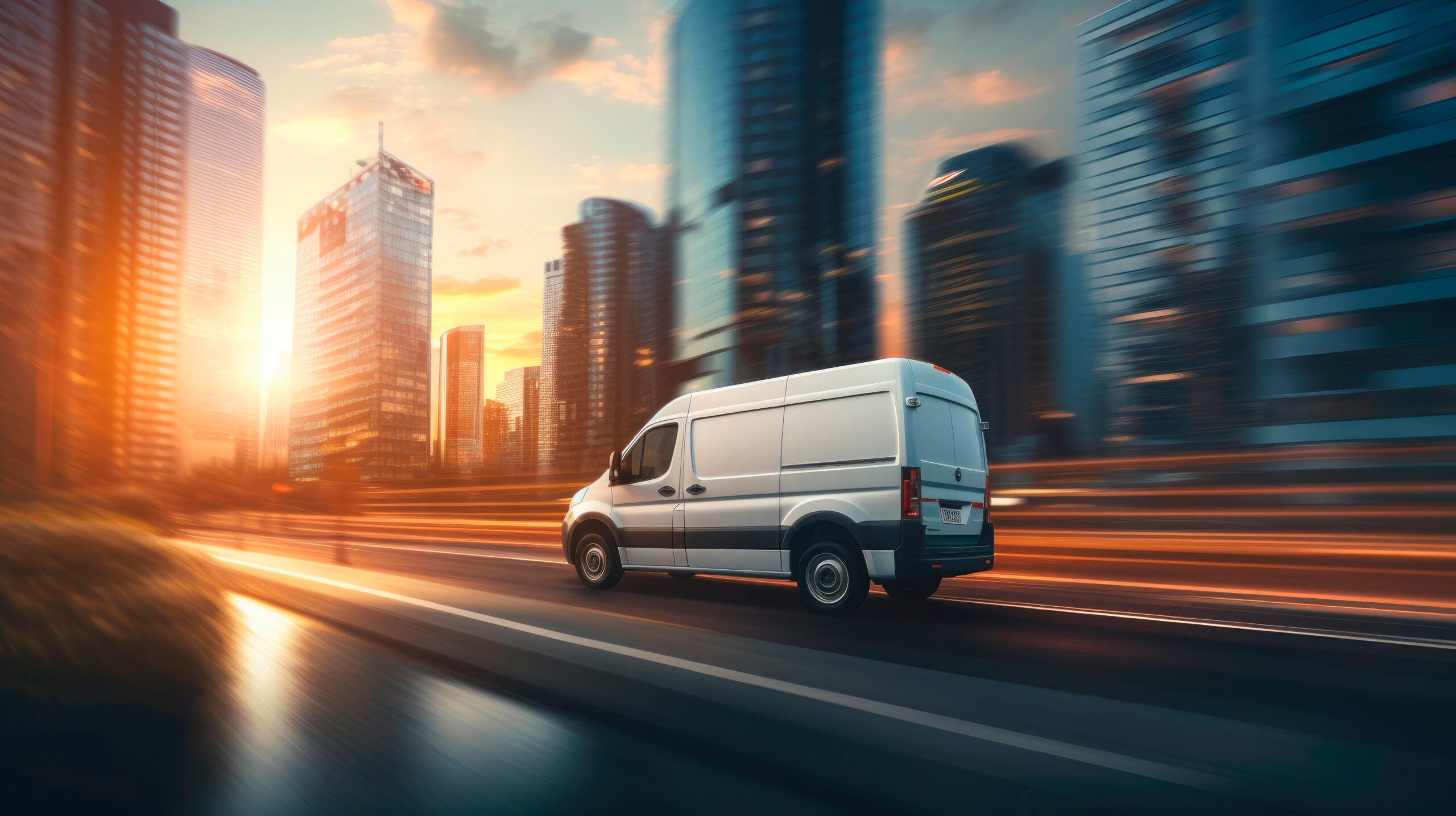 White modern delivery small shipment cargo courier van moving fast on motorway road to city urban suburb. Business distribution and logistics express service. Mini bus driving on highway on sunny day