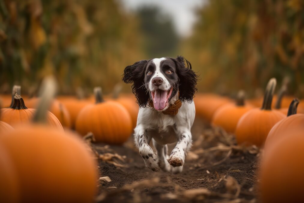 dog running through pumpkin patch