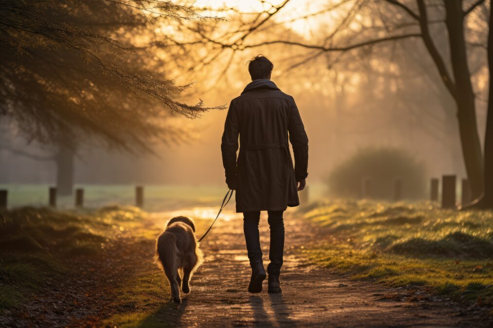 Male walking dog at dawn