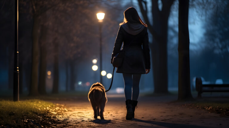 Woman walks her dog in the park at night