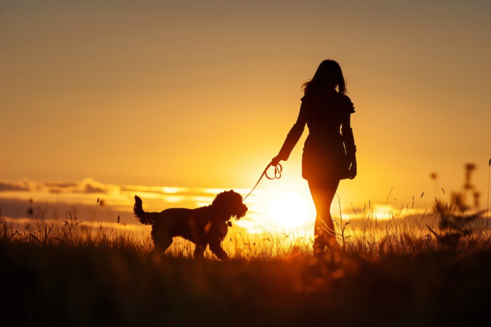 Silhouette of female walking her dog at dusk