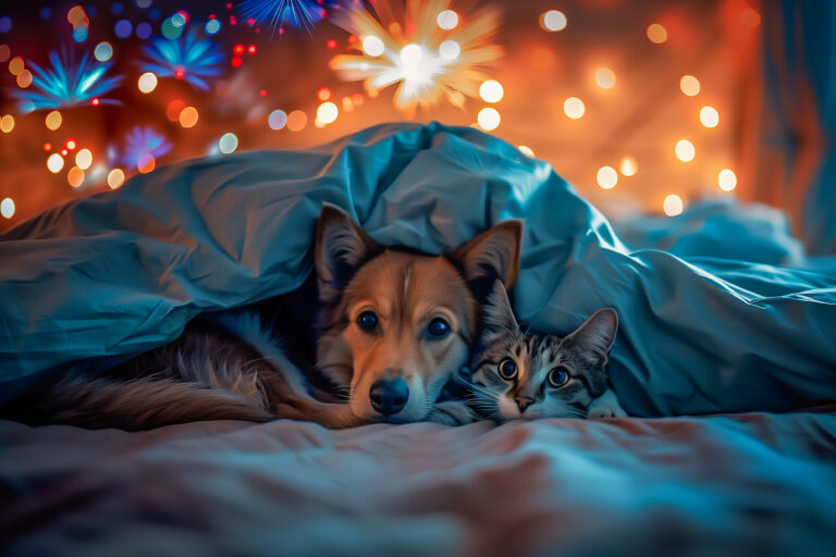 Frightened dog and cat hiding from fireworks