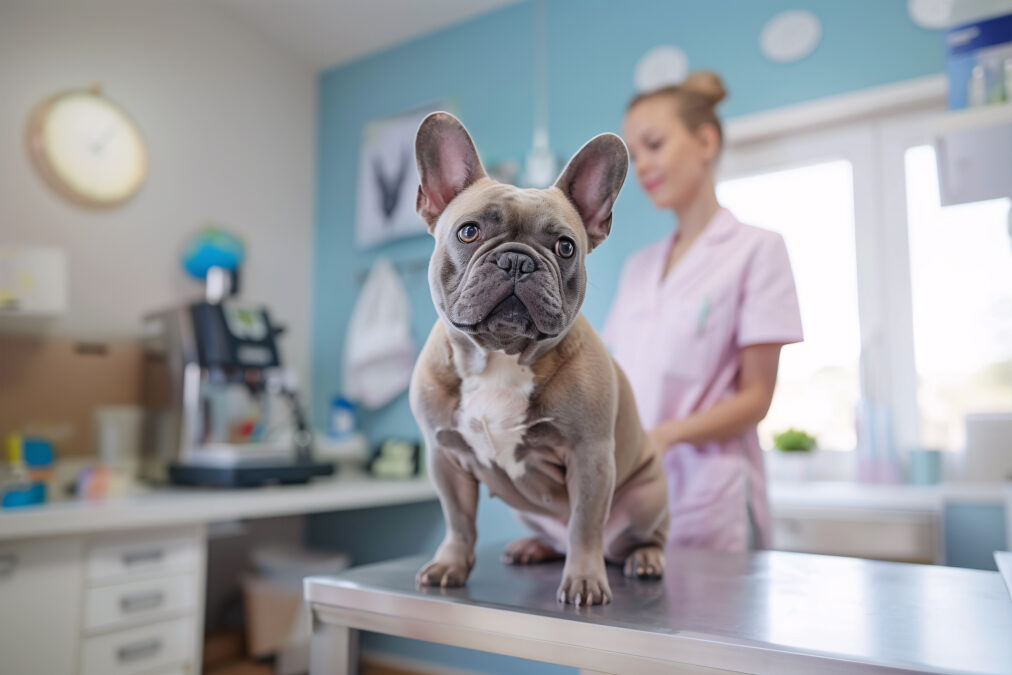 Bulldog dog at vet. Sitting on examination table at veterinary practice clinic. Generative Ai