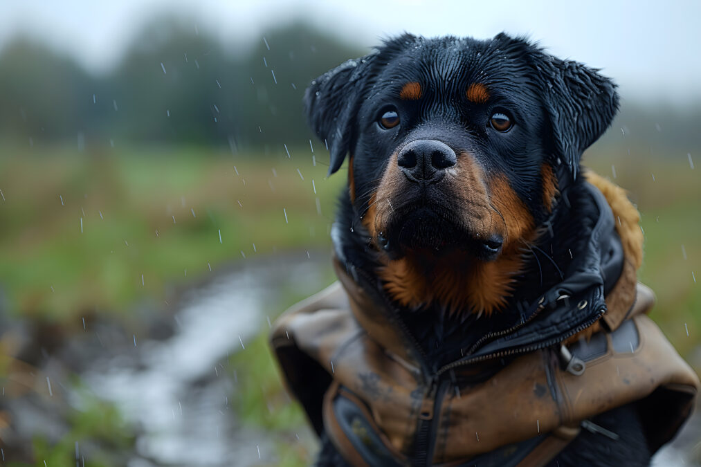 Rottweiler wearing warm rain coat, ready for outdoor activities in the rain