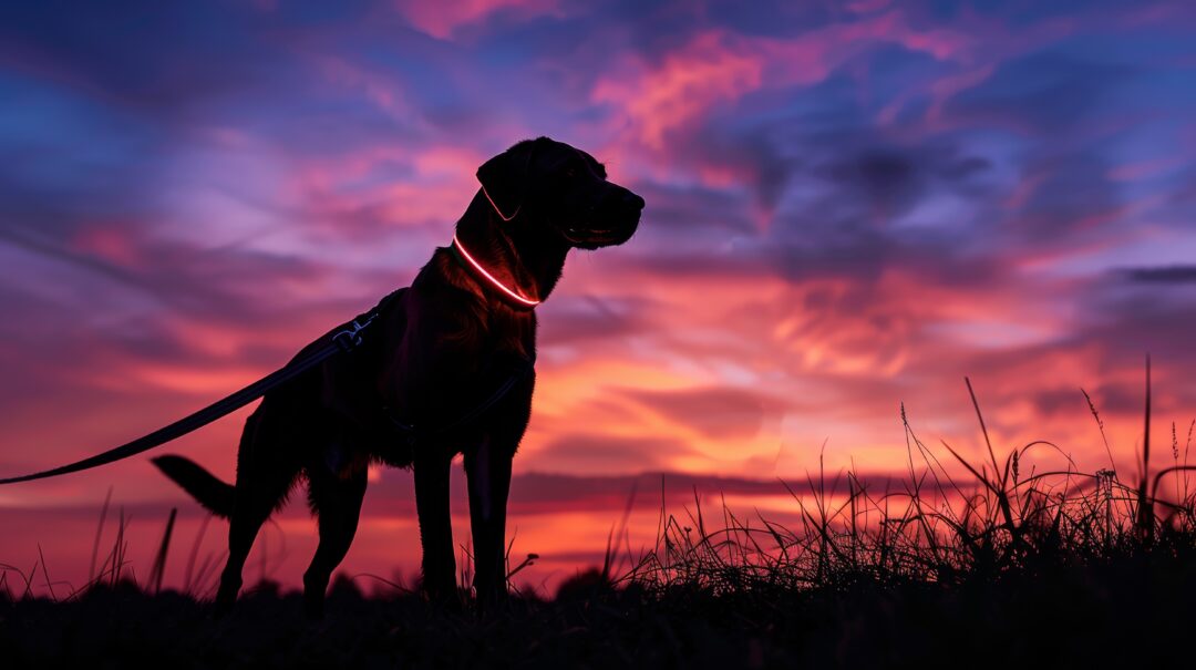 Silhouette of a dog on a leash wearing an LED-light collar against a beautiful sunset sky, illustrating the concept of a safe evening or night walk with a pet.