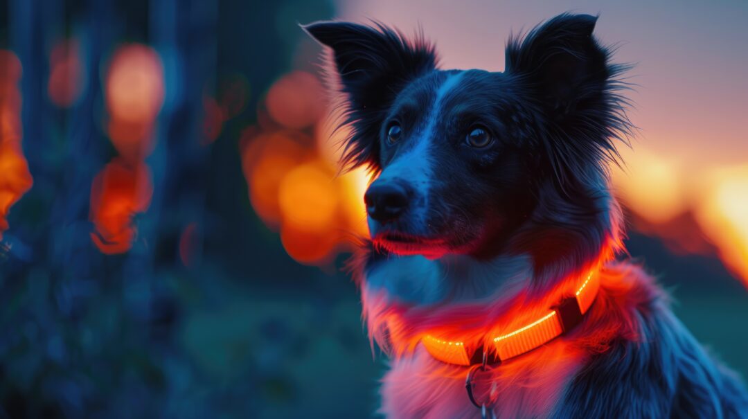 A dog collar lighting up for nighttime walks.