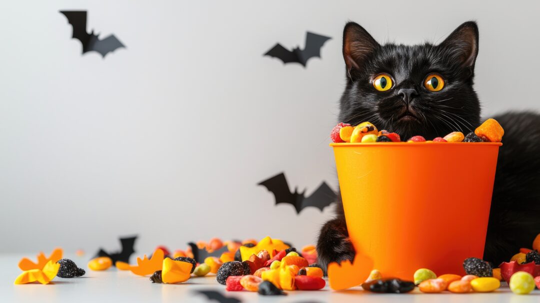 A playful black cat surrounded by Halloween candy in an orange bowl, perfect for festive and cute pet-themed images.