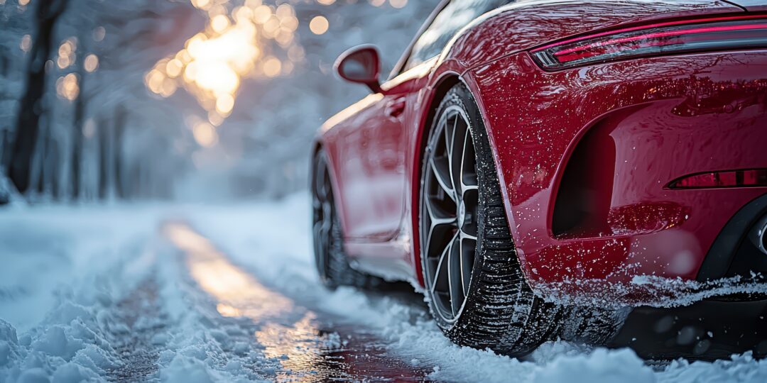 Concept illustration of close-up of the wheels of a car with winter tires on a snowy road in the forest