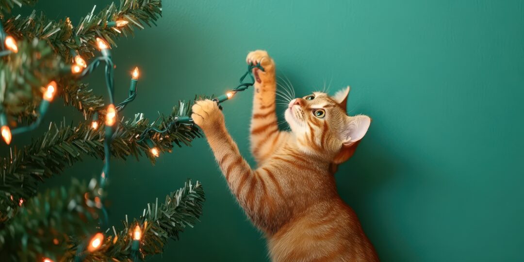 A playful orange cat climbs a Christmas tree, interacting with twinkling lights, creating a joyful and festive scene perfect for holiday decor.