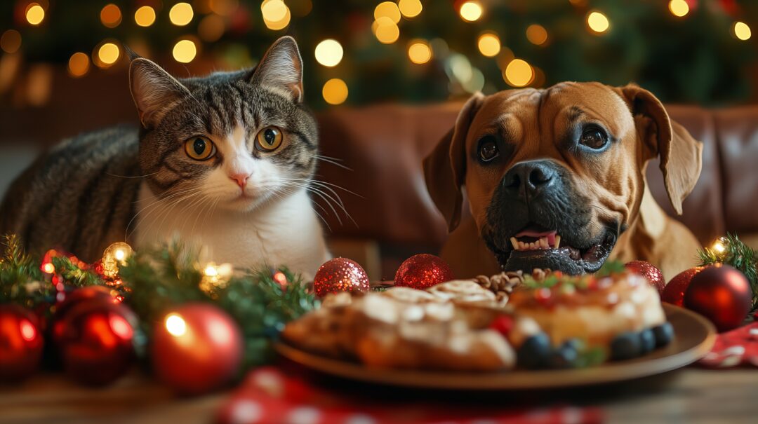 Cat and dog sat looking at Christmas food, with Christmas lights and decorations