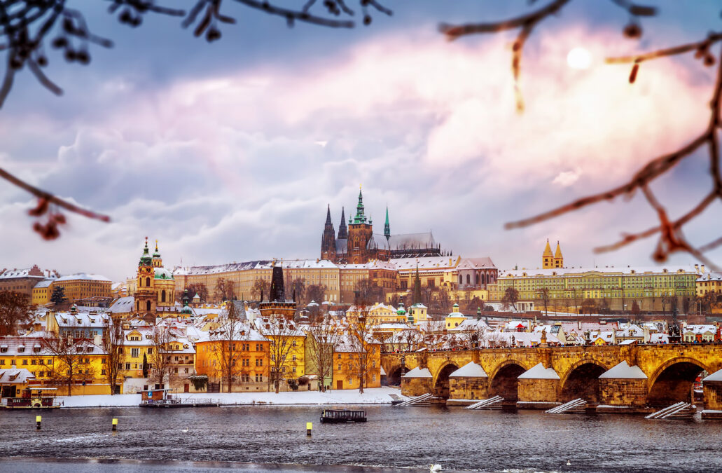 
Beautiful Prague in winter, Charles bridge over Vltava river, Czech republic, historical  medieval buildings, wintertime European cityscape