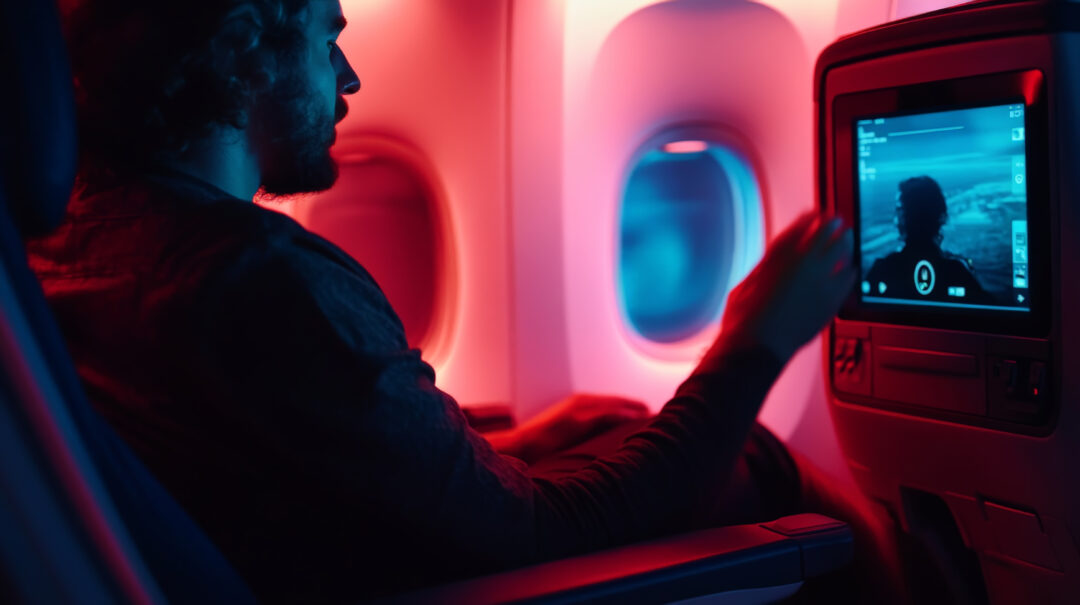 Someone watching a film on a plane's in flight entertainment system with red ambient lighting