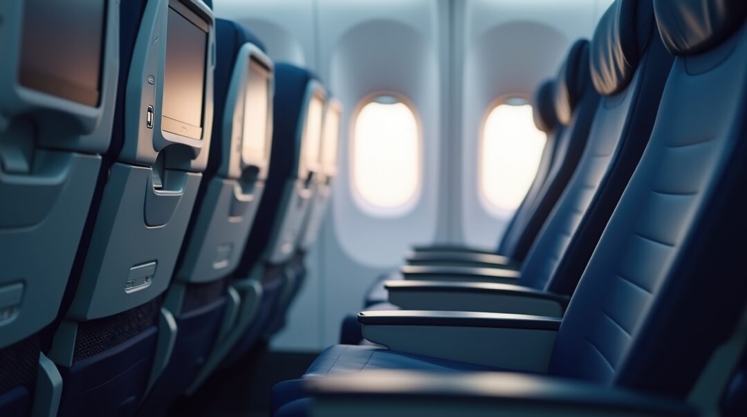 Interior view of an airplane with a focus on elegant economy class rows, featuring seat-back screens and sunlight streaming through windows, representing comfort and air travel experience.