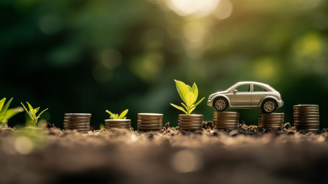 A model toy car driving across a green landscape and stacks of coins - Electric vehicle savings