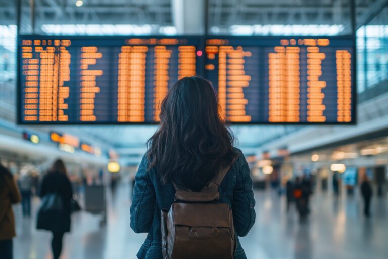 Woman with backpack gazing at flight information board in a busy airport terminal, showcasing travel anticipation and modern architecture.