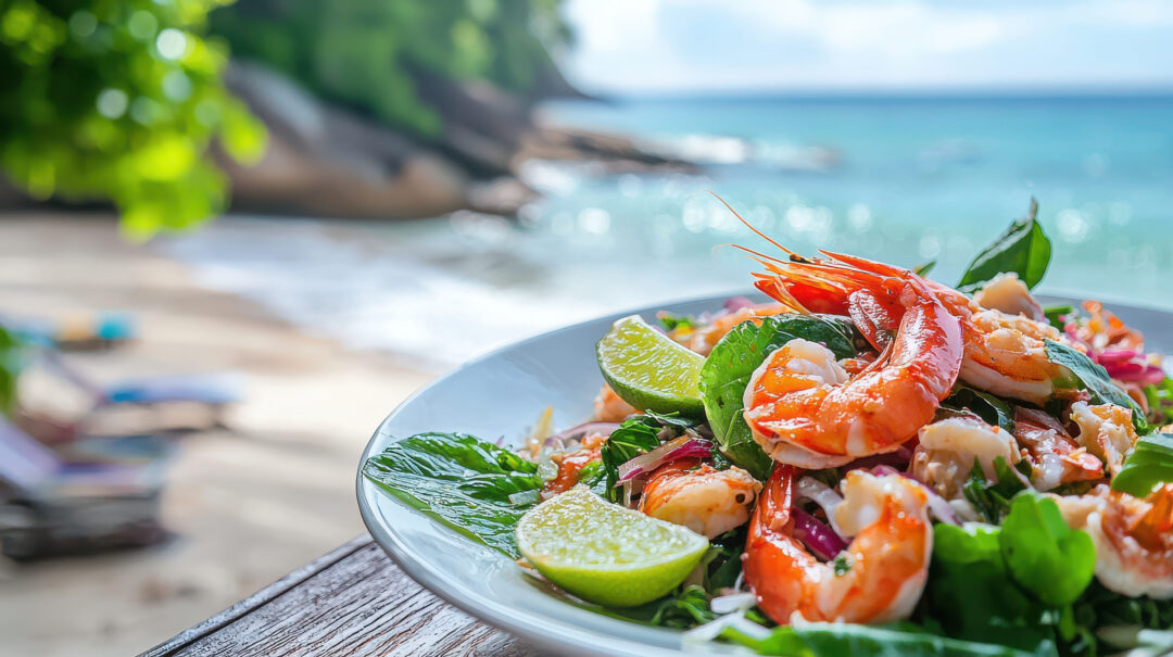 A Vibrant seafood salad with shrimp, lime, and fresh greens by beach