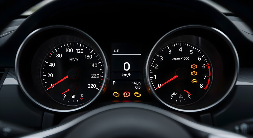 Black Car Dashboard Featuring Illuminated Analog Gauges and Digital Display With Modern Car Interior Design