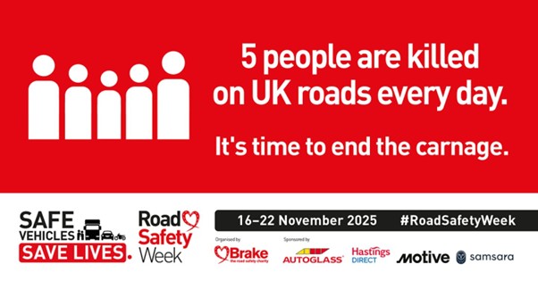 5 People are killed on UK roads every day. Brakes Road Safety week graphic