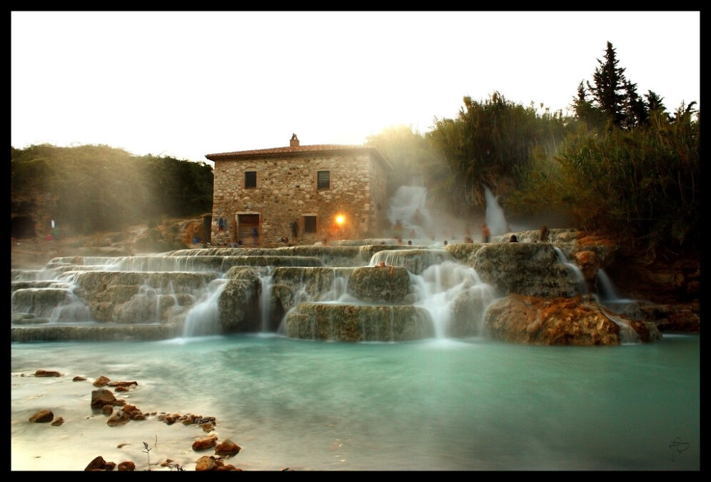 Terme di Saturnia, Italy. Building surrounded but waterfall