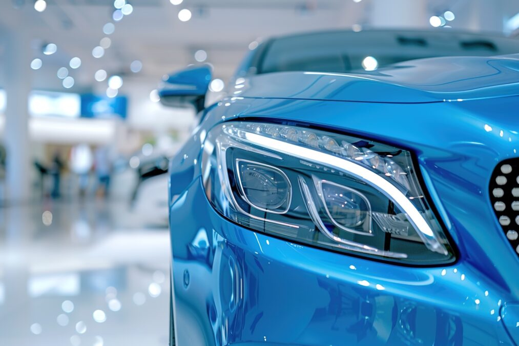 A blue car with a shiny headlight is parked in a showroom. The car is surrounded by other cars and people, giving the impression of a busy and bustling environment