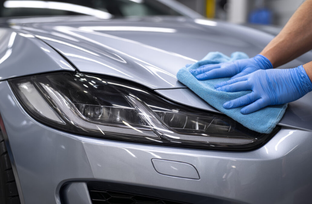 Someone polishing a grey car