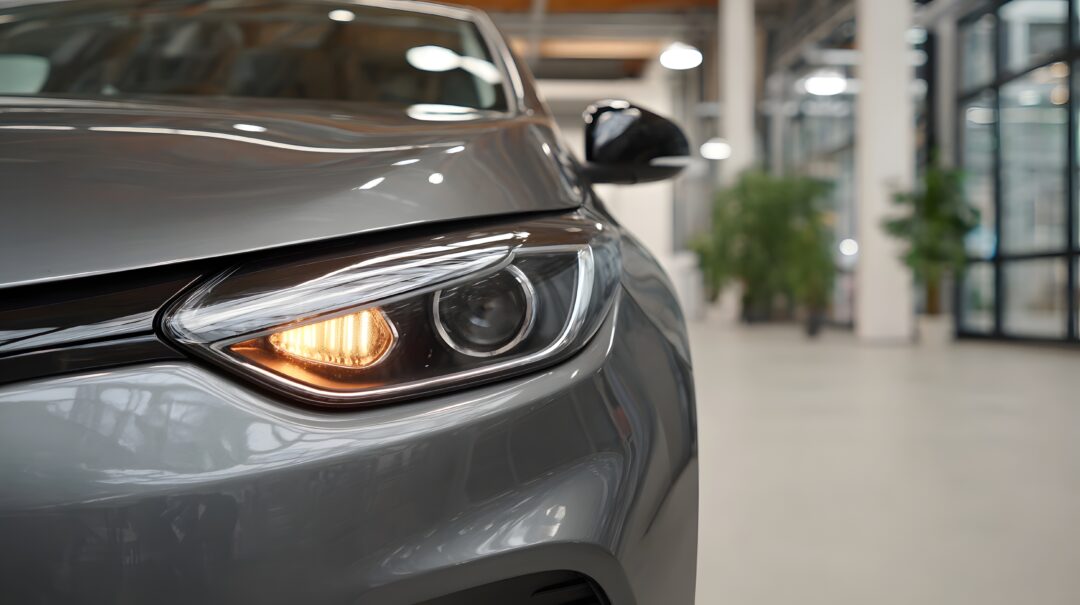 Detailed perspective of a sleek gray metallic automobile s front end showcasing its bright amber turn signal light within a modern clean showroom setting