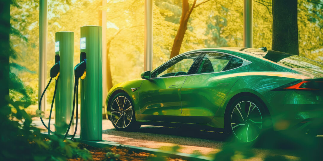 Country complex for charging electric cars. A large bed is next to a fast electric charger. The concept of green energy. Created with generative AI technology